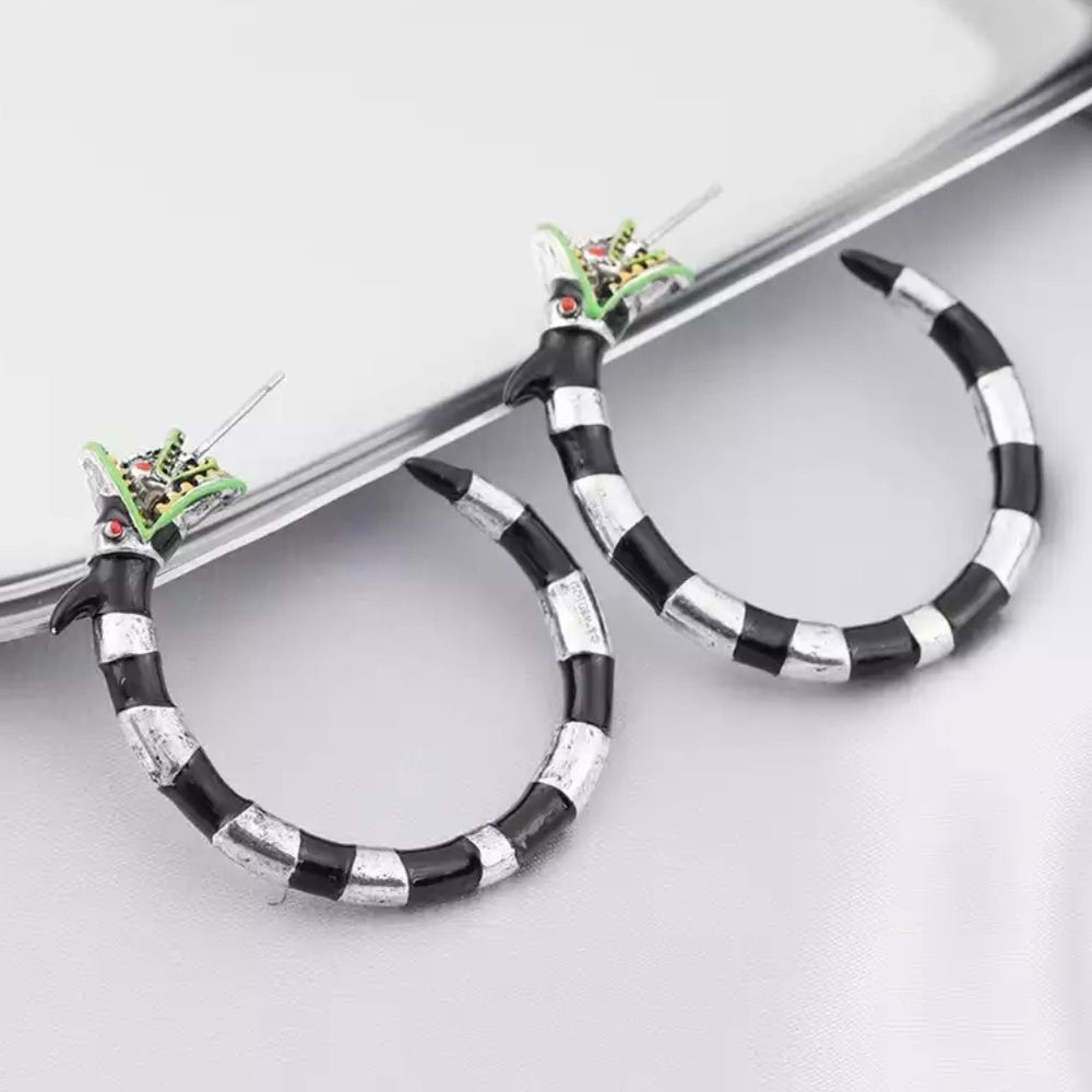 ONE PAIR LEFT! BEETLE JUICE HOOP LOOP FETISH BLACK & WHITE STRIPE SAND WORM 🪱 - Picture 10 of 16